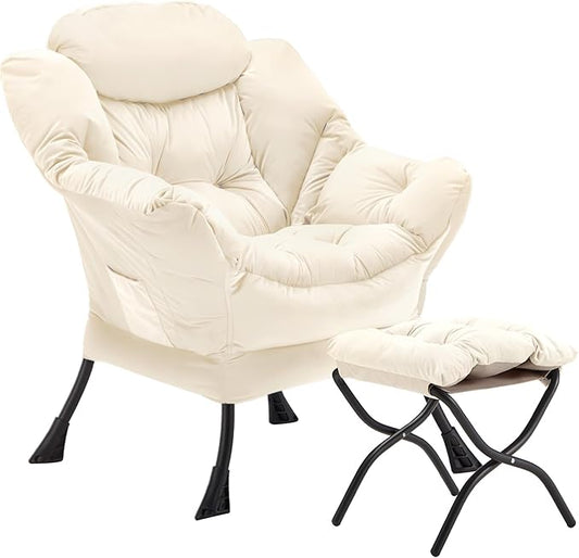 Youtanic Lazy Chair with Folding Ottoman, Accent Chair Velvet Upholstered with Metal Structure and Non-Slip Pads, Sofa Armchair with Footrest and Side Storage Bag for Dorm, Room, Office, Beige