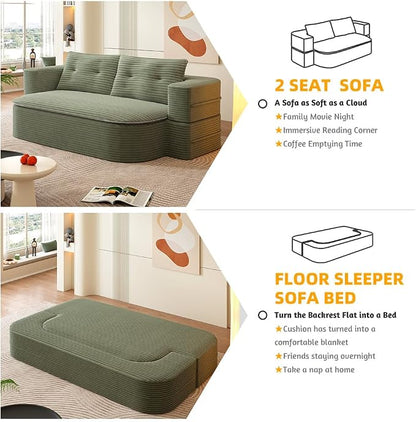78.7" Futon Sofa Bed, 2-in-1 Foldable Sleeper Sofa, Convertible Floor Couch with Pillows, Corduroy Couch, Multi Functional Blanket, Upholstered Boneless Couches for Living Room, Forest Green