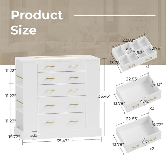 Closet Island with Glass Top, LED Lights and Jewelry Display, Bedroom Island with Open Shelves, Drawers Dresser & Walk-in Closet Island for Bedroom, Cloakroom, White 2