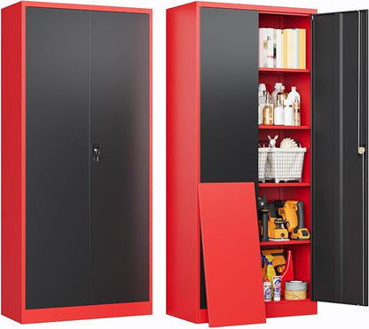 72 Inch Metal Cabinet,Lockable Storage Cabinet with 2 Doors and 4 Adjustbale Shelves,Tall Tool Cabinet Cabinet for Garage,Basement,Home Office,Gym(Red & Black)