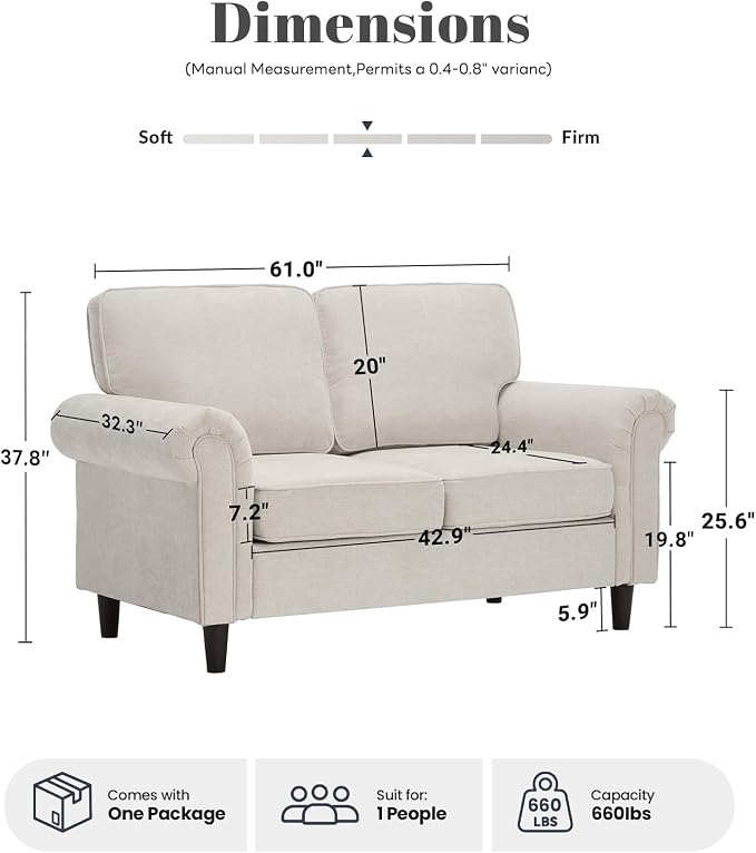 Kingfun Loveseat 2 Seater Couch, Mid Century Modern Chenille Sofa with Rolled Arms and Deep Seats, Fluffy Comfort for Living Room, Apartment, Easy Assembly, Beige