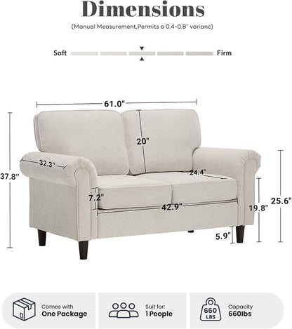 Kingfun Loveseat 2 Seater Couch, Mid Century Modern Chenille Sofa with Rolled Arms and Deep Seats, Fluffy Comfort for Living Room, Apartment, Easy Assembly, Beige