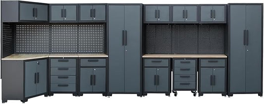 Garage Cabinets and Storage System, 17PCS Garage Storage Cabinet System Corner Workshop Set with Corner Cabinet, Cabinet Drawers, Workbench, Pegboard for Tool Organization, Black Grey