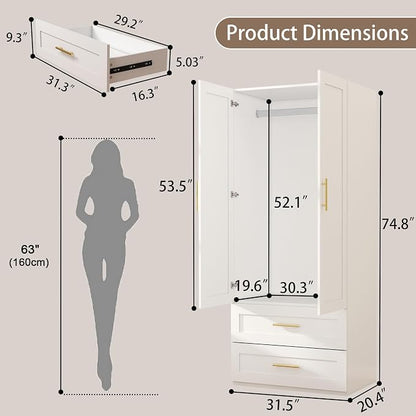 Armoire Wardrobe Closet with Drawers: 75" White Wardrobe Closet with 2 Doors and 2 Drawers, Wood Armoire Closets Cabinet for Hanging Clothes, Bedroom Armoires with Hanging Rod (31.5")