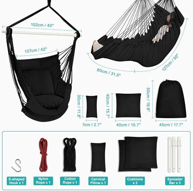 Outerman Hammock Chair, Hanging Chair with 3 Cushions and Foot Rest Support, Durable Metal Spreader Bar Max 500Lbs, Swing Chair for Bedroom, Indoor & Outdoor, Patio, Porch or Tree（Black）…