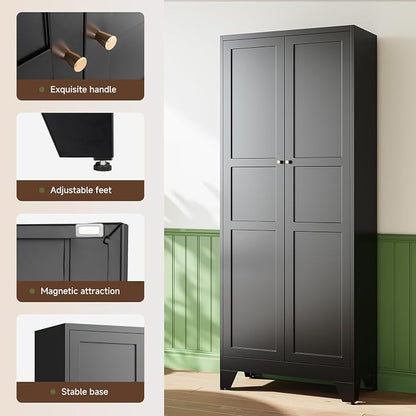Letaya 75" H Metal Storage Cabinet with 2 Doors and 4 Shelves,Tall Kitchen Pantry Cabinets,Farmhouse Utility Pantry Organizers for Cupboard/Dining/Bathroom/Home Office/Garage Room,Black