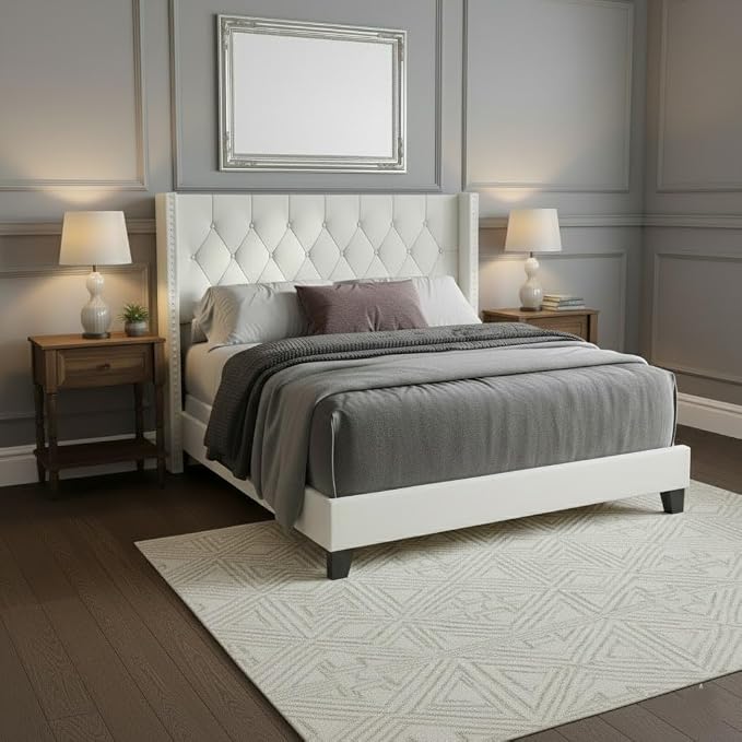 HOME DESIGN Homer Full Tufted Wingback Upholstered Panel Bed with 2 Matching 1 Drawer Nightstands, Bedroom Furniture Set with Open Shelf Storage, Light Beige Brown