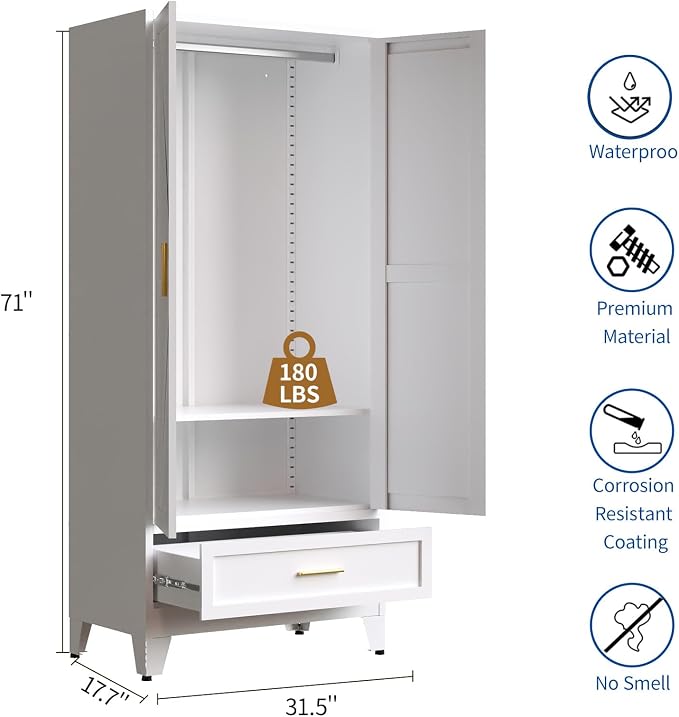 Steel Armoire Wardrobe Closet, 71" Metal Clothing Storage Cabinets with 2 Doors, 1 Drawer and 1 Adjustable Shelf, White Wardrobe Cabinet with Hanging Rod for Bedroom, Gym