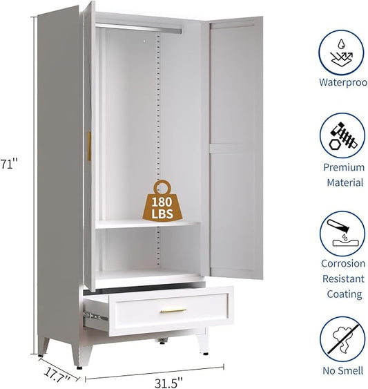 Steel Armoire Wardrobe Closet, 71" Metal Clothing Storage Cabinets with 2 Doors, 1 Drawer and 1 Adjustable Shelf, White Wardrobe Cabinet with Hanging Rod for Bedroom, Gym