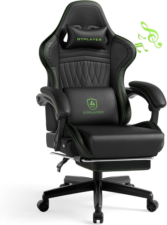GTPLAYER Gaming Chair with Speakers, Video Game Chairs with Footrest, PC Gamer Chairs for Adults - Padded High Back Ergonomic Reclining Silla Gamer, Linkage Armrest, Ace Pro, Green