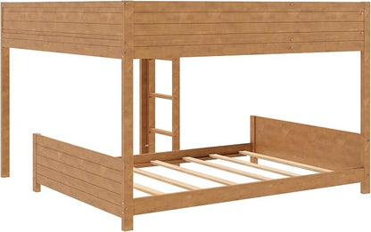 Full XL Over Full XL Bunk Bed with Built-in Storage Shelf & Ladder, Wood Bed Frame with Support Slats, Space-Saving Design, Walnut
