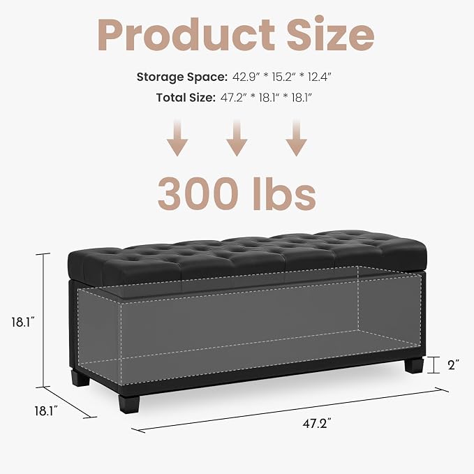 47.2" Ottoman with Storage, Storage Ottoman Bench with Safety Hinge,Tufted End of Bed Bench, Upholstered Entryway Bench for Bedroom, Living Room & Window (Black-Upgraded Version)