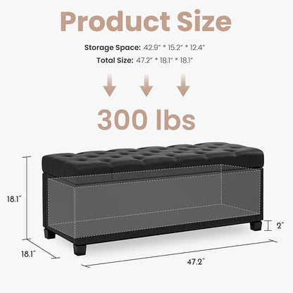 47.2" Ottoman with Storage, Storage Ottoman Bench with Safety Hinge,Tufted End of Bed Bench, Upholstered Entryway Bench for Bedroom, Living Room & Window (Black-Upgraded Version)