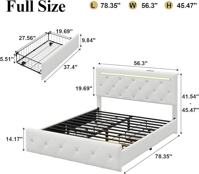 4 Pieces Full Bedroom Set, Modern PU Fabric Metal Bed Frame with Charging Port, LED Light& Adjustable Headboard, Retractable Dressing Table with Mirror& Light, 2 Nightstands with Charge