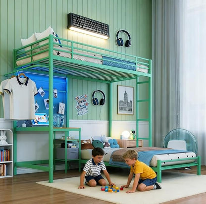Bellemave Twin Over Twin bunk Bed with Desk and LED Charging Station, loft Bed with Desk and Shelves Drawer, Twin Over Twin Metal Bunk Beds with Storage, Green