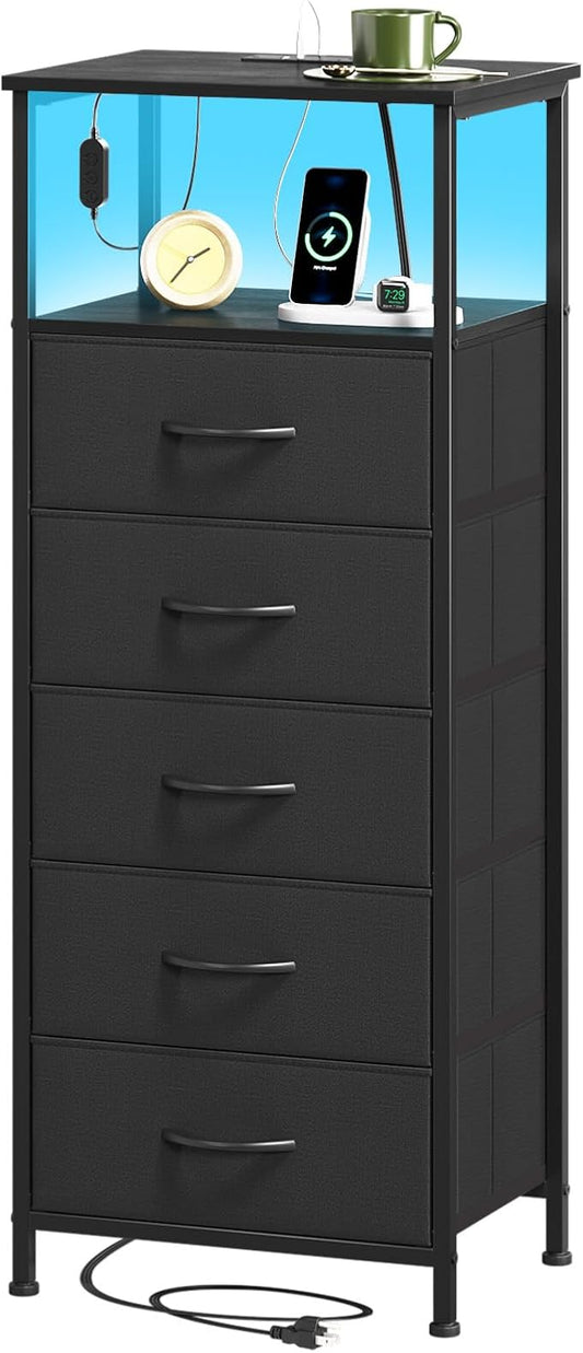 Somdot Black Nightstand with Charging Station and LED Light for Bedroom, Tall 5 Drawers Dresser with Fabric Bins for Bedside Kids Dorm Room Closet Laundry Entryway, Black
