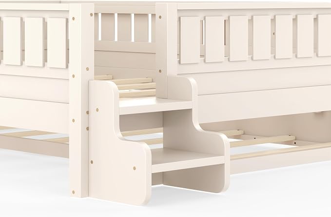 Bellemave Queen Size Kids Bed with high Rails and with Built-in Bookshelf and Trundle for Kids, Girls, Boys, Wood Montessori Bed Without Door, Beige