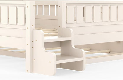 Bellemave Queen Size Kids Bed with high Rails and with Built-in Bookshelf and Trundle for Kids, Girls, Boys, Wood Montessori Bed Without Door, Beige