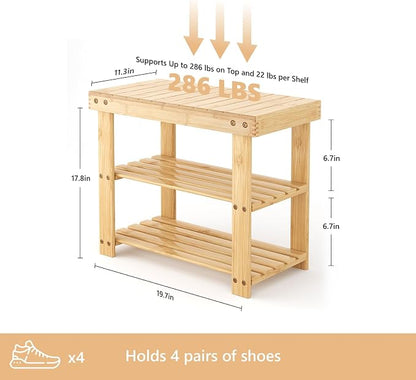 Sweetcrispy 3-Tier Shoe Rack Bench for Entryway, 19 Inches, Wood | Bamboo Shoe Storage Bench, Shoes Rack for Entrance, Bedroom, Living Room, Balcony, 4 Pairs