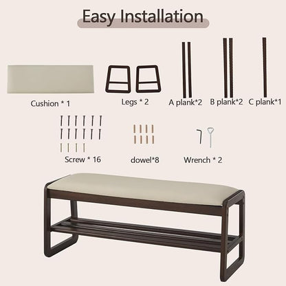 Achicsofar Shoe Rack Bench,2 Tier Solid Wooden Entryway Bench with Shoe Storage, Shoe Rack with Cushion for Living Room, Hallway(Pu Beige, 39.4")