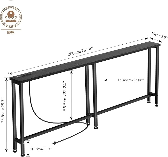 Keelian 78" Narrow Console Sofa Table with Power Outlets & 2 USB Ports, Metal Frame, Black, Perfect for Hallway, Office, and Behind Sofa - Easy Assembly, 4.9' Extension Cord Included