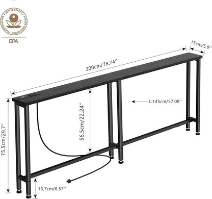 Keelian 78" Narrow Console Sofa Table with Power Outlets & 2 USB Ports, Metal Frame, Black, Perfect for Hallway, Office, and Behind Sofa - Easy Assembly, 4.9' Extension Cord Included