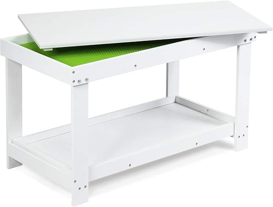 Costzon 2 in 1 Kids Activity Table w/Storage, Patented Building Block Table w/Board for Bricks Crafts Arts Draw, Children Solid Wood Play Table Desk for Preschool Toddler Boy & Girl Gift, White