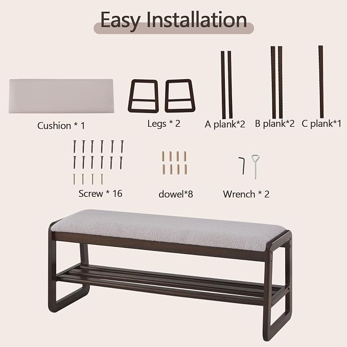 Achicsofar Shoe Rack Bench,2 Tier Solid Wooden Entryway Bench(Gray Lilac) | with Shoe Storage, Shoe Rack with Cushion, for Living Room, Hallway, Garage, 11.8"D x 39.4"W x 16.5"H
