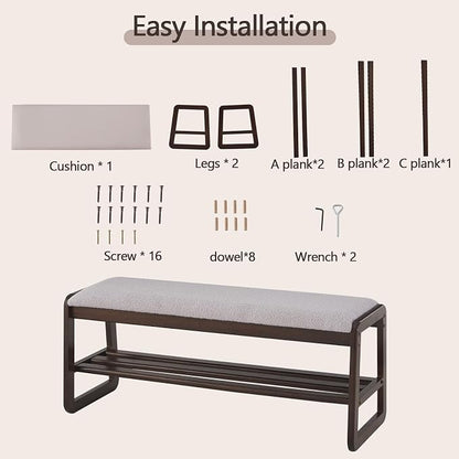 Achicsofar Shoe Rack Bench,2 Tier Solid Wooden Entryway Bench(Gray Lilac) | with Shoe Storage, Shoe Rack with Cushion, for Living Room, Hallway, Garage, 11.8"D x 39.4"W x 16.5"H