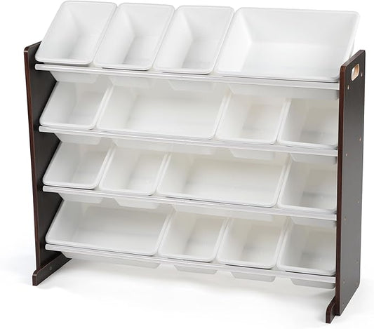 Humble Crew Toy Storage Organizer with 16 Removable Storage Bins for Kids Playroom, 4-Tier Toddler Toy Organization and Storage, Espresso/White