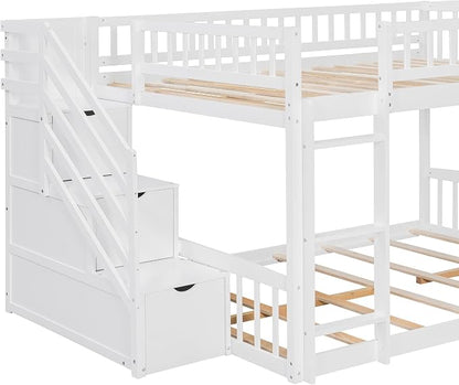 RUNNA Full Over Full Bunk Bed, Staircase with Drawers, Slide, Ladder | full over full bunk bed, staircase with drawers, convertible slide and ladder, solid pine wood, guardrails, no box spring