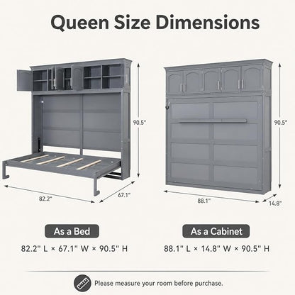 Queen Murphy Bed Cabinet, Wall Bed with Storage, Folding Cabinet Bed with Dual Piston Metal Mechanism, Murphy Cabinet Space Saving Bed for Guest Room, Home Office, Apartment(Gray 2)