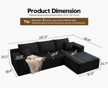 107.5" Cloud Modular Sectional Sofa Couch with L-Shape Chaise,Modern Minimalist Upholstered Couches for Living Room Bedroom,Deep Seat Corner Couch，No Assembly Required (Black,Right Facing Chaise)