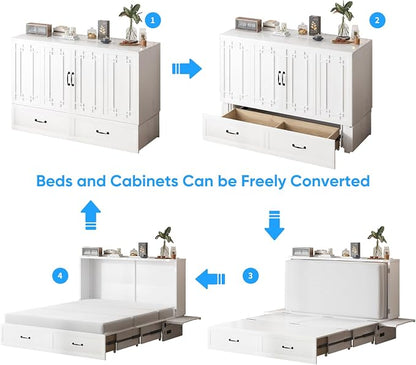 PUREMIND Queen Murphy Bed, Solid Wood Multi-Functional Cabinet Bed with Storage Drawer, USB Charging Ports and Folding Tray, Space Saving Hideaway Murphy Beds Cabinet for Guest Room, No Mattress