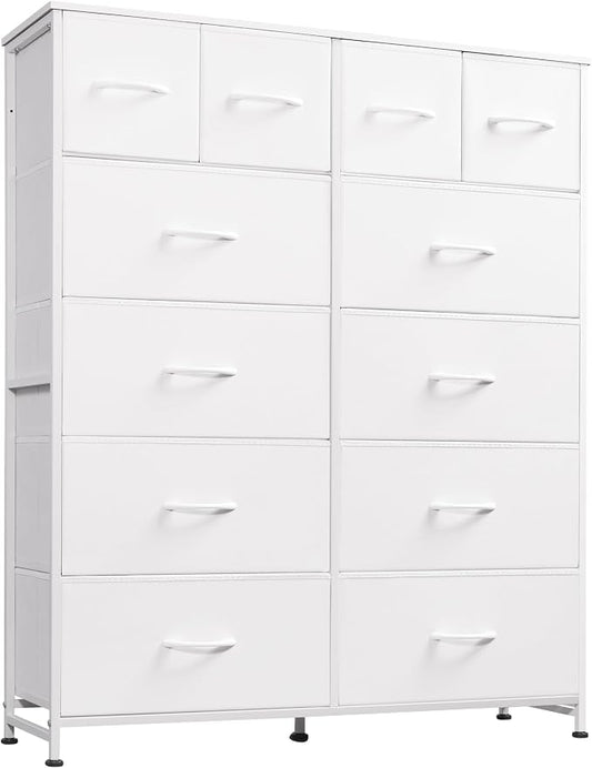 WLIVE Tall White Dresser for Bedroom with 12 Drawers, Dressers & Chests of Drawers, Fabric Dresser for Closet, Living Room, Storage Dressers with Storage Drawers, Steel Frame, Wood Top
