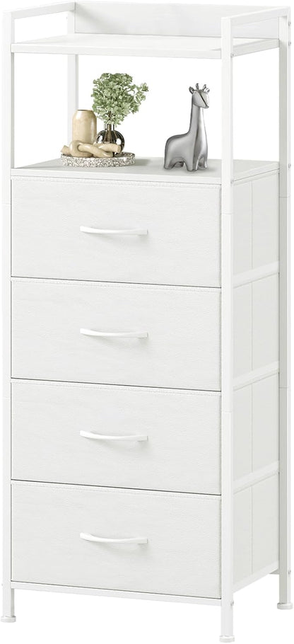 Somdot White Nightstand with 4 Drawers, Vertical Storage Tower Fabric Dresser for Bedroom, Bedside Table Furniture, Sturdy Steel Frame, Wooden Top & Easy Pull Fabric Bins