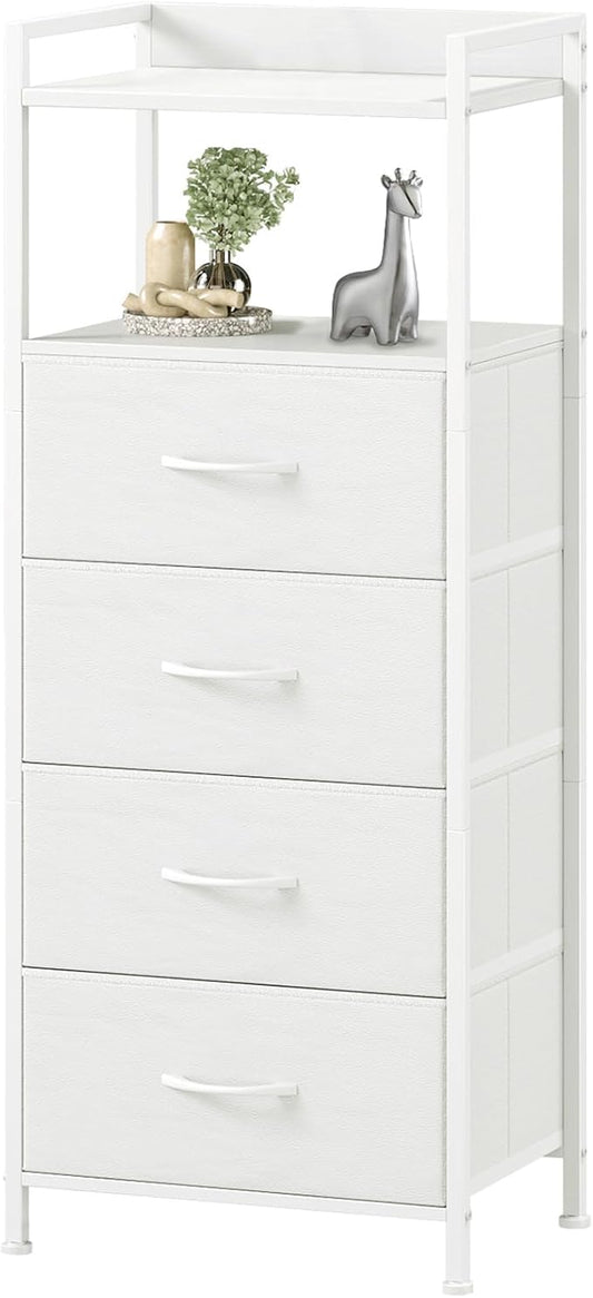 Somdot White Nightstand with 4 Drawers, Vertical Storage Tower Fabric Dresser for Bedroom, Bedside Table Furniture, Sturdy Steel Frame, Wooden Top & Easy Pull Fabric Bins