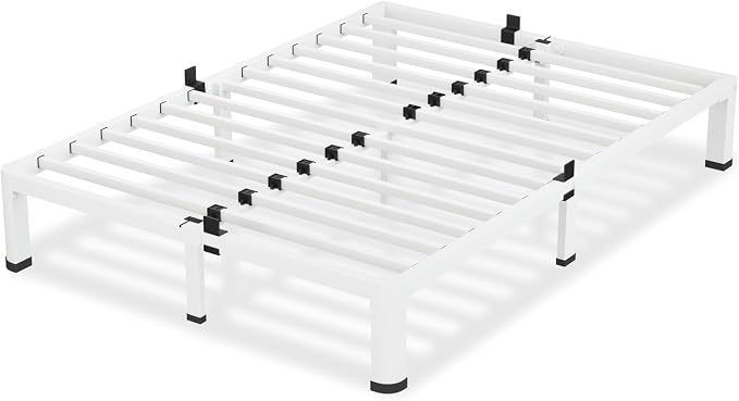 VIPSHOW 10 Inch White Queen Bed Frame, 3500Lbs Heavy Duty Metal Platform with Round Corner Legs Mattress Slide Stopper, Steel Slat Support No Box Spring Needed, Noise Free, Non-Slip, Easy Assembly