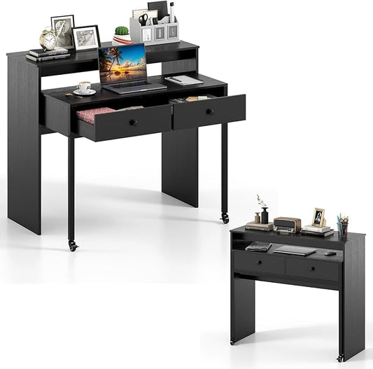 Giantex Small Computer Desk with Hutch & Drawers, Extendable Writing Desk w/Pull Out Secondary Table, Monitor Stand & Rolling Wheels, Console Table, Compact Desk for Small Spaces, Home Office (Black)