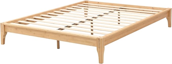Merax Mid-Century Bamboo Platform Bed, Queen Size Bed Frame with Wood Slat Support, No Box Spring Needed, Easy Tool-Free Assembly, Natural