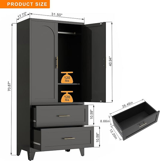 Anwick Metal Wardrobe Closet, 71" Tall Black Metal Wardrobe Cabinet with Hanging Rod, 2 Drawers, 2 Doors and Adjustable Shelf for Bedroom Guest Room Laundry Room (Black, 71" Tall)