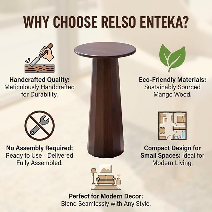 Relso Enteka Solid Mango Wood End Table – 24" Tall Accent Side Table with Walnut Finish | Handcrafted Coffee Table, No Assembly Required | Perfect for Modern Living Rooms, Farmhouses, Small Spaces