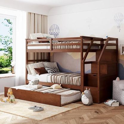 MERITLINE Twin Over Twin Bunk Beds with Trundle and Storage Box, Solid Wood Bunk Bed with Stairs and Storage Case for Teens Adults (Walnut + Solid Wood)