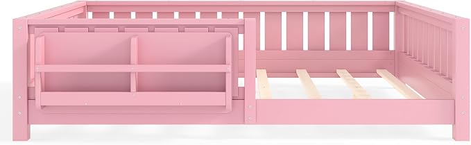 Bellemave Full Size Floor Bed with high Rails and with Built-in Bookshelf for Kids, Girls, Boys, Wood Montessori Floor Bed Without Door, Pink