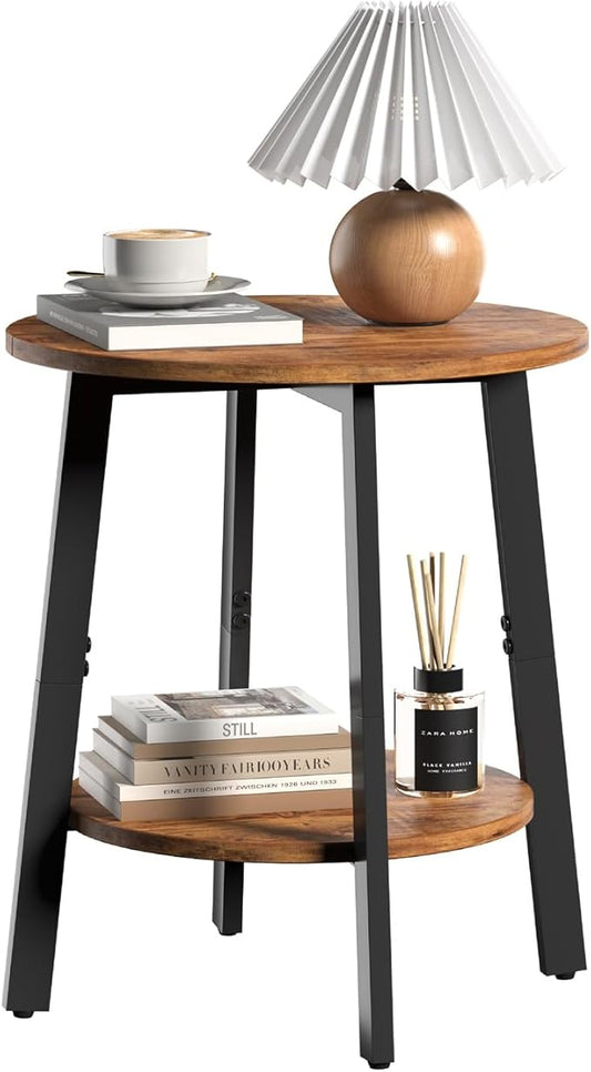 sthmec Side Table, Small Round End Table with Storage Shelf for Small Space, 2-Tier Bedside Table Sofa Couch Table, Round Accent Table Nighstands for Living Room, Bedroom, Rustic Brown