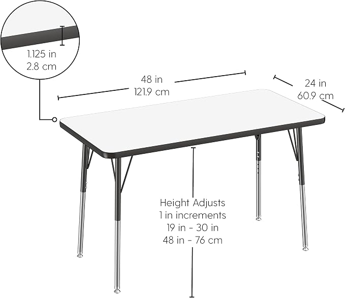 FDP Dry-Erase Rectangle Activity School and Office Table (24 x 48 inch), Standard Legs with Swivel Glides, Adjustable Height 19-30 inches; Quick Ship Single Box - Whiteboard Top and Black Edge
