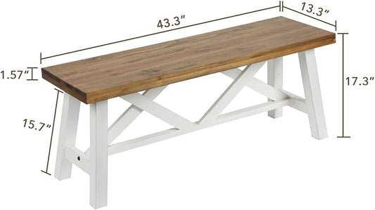 Wnutrees 43" Farmhouse Wood Bench, Rustic Solid Wood Entryway Bench Seat with Double X-Structure for Dining Area Living Room Hallway, Structural Stability, White