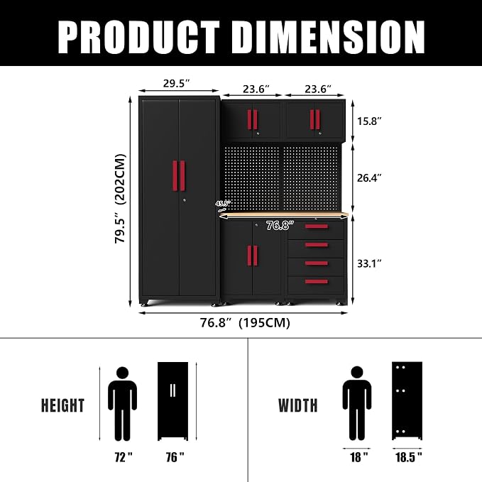 Garage Storage Cabinet System, 6-Pcs Garage Cabinets and Storage System Corner Workshop Set with Corner Cabinet, Cabinet Drawers, Workbench, Pegboard for Tool Organization, Black and Red