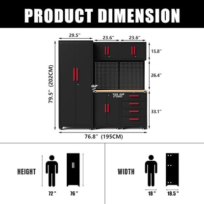 Garage Storage Cabinet System, 6-Pcs Garage Cabinets and Storage System Corner Workshop Set with Corner Cabinet, Cabinet Drawers, Workbench, Pegboard for Tool Organization, Black and Red