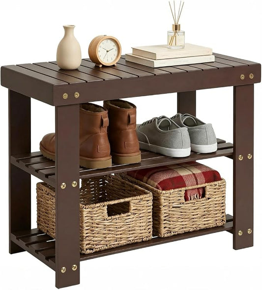 GAOMON Sturdy 3-Tier Bamboo Shoe Rack Bench – Modern Entryway Organizer with Seating & Storage Shelf, Supports 130kg, Multipurpose for Closet, Bedroom, Living Room – Brown